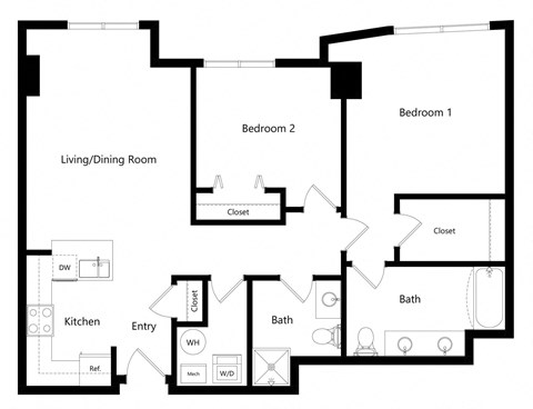 Floor plan for 2 beds, 2 baths, 1056 sqft